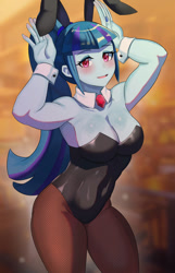 Size: 717x1114 | Tagged: safe, artist:tzc, sonata dusk, human, equestria girls, g4, armpits, bare shoulders, blushing, breasts, bunny ears, bunny suit, busty sonata dusk, cleavage, clothes, corset, cuffs (clothes), eyebrows, female, looking at you, open mouth, open smile, playboy bunny, sexy, sleeveless, smiling, smiling at you, solo, strapless