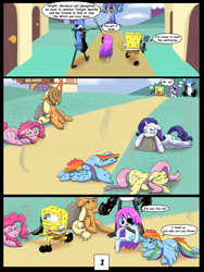 Size: 7500x10000 | Tagged: safe, artist:chedx, applejack, fluttershy, pinkie pie, rainbow dash, rarity, twilight sparkle, earth pony, pegasus, pony, comic:learning with pibby glitch battles, g4, absurd resolution, ass, butt, comic, commission, crossover, error, fanfic, fanfic art, female, floppy ears, glitch, lying down, male, mane six, mare, mordecai, multiverse, pibby, ponyville, prone, regular show, spongebob squarepants, spongebob squarepants (character), twilight's castle