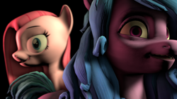 Size: 3840x2160 | Tagged: safe, artist:drixale, derpibooru exclusive, izzy moonbow, pinkie pie, earth pony, pony, unicorn, g4, g5, 3d, high res, izzy and her heroine, pinkamena diane pie, source filmmaker