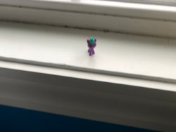 Size: 4032x3024 | Tagged: safe, maverick mauve, pegasus, pony, g5, blurry, front view, irl, male, mini world magic, photo, smol, solo, stallion, toy, wall, windowsill