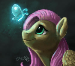 Size: 900x788 | Tagged: safe, artist:nebula210, fluttershy, butterfly, pegasus, pony, g4, closed mouth, female, looking at something, looking up, mare, smiling, solo, wings