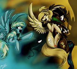 Size: 2507x2243 | Tagged: safe, artist:cyanocitta-blattidae, derpy hooves, doctor whooves, time turner, earth pony, pegasus, pony, g4, bedeviled-derpy, bondage, bound and gagged, cleave gag, cloth gag, duality, female, fishnet clothing, fishnet stockings, gag, high res, kidnapped, male, mare, ship:doctorderpy, shipping, spread wings, stallion, stallion in distress, straight, wings, yandere