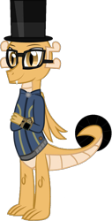 Size: 637x1257 | Tagged: safe, artist:php170, derpibooru exclusive, oc, oc only, oc:myoozik the dragon, dragon, fallout equestria, brown eyes, claws, clothes, crossed arms, dragon oc, dragon wings, fallout, glasses, hat, horn, jumpsuit, male, non-pony oc, pipboy, shirt, simple background, smiling, solo, tail, top hat, transparent background, vault suit, vector, wings