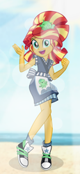Size: 4944x10776 | Tagged: safe, artist:emeraldblast63, artist:gurihiru, sunset shimmer, human, eqg summertime shorts, equestria girls, g4, good vibes, absurd resolution, alternate hairstyle, converse, female, lens flare, looking at you, open mouth, open smile, shoes, smiling, solo, sunset sushi, waving, waving at you