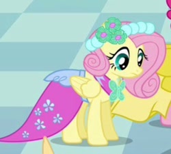 Size: 1170x1054 | Tagged: safe, screencap, fluttershy, pinkie pie, princess celestia, earth pony, pegasus, pony, a canterlot wedding, g4, my little pony: friendship is magic, season 2, bridesmaid dress, clothes, dress, floral head wreath, flower, flutterbeautiful, frown, horn, implied princess celestia, offscreen character