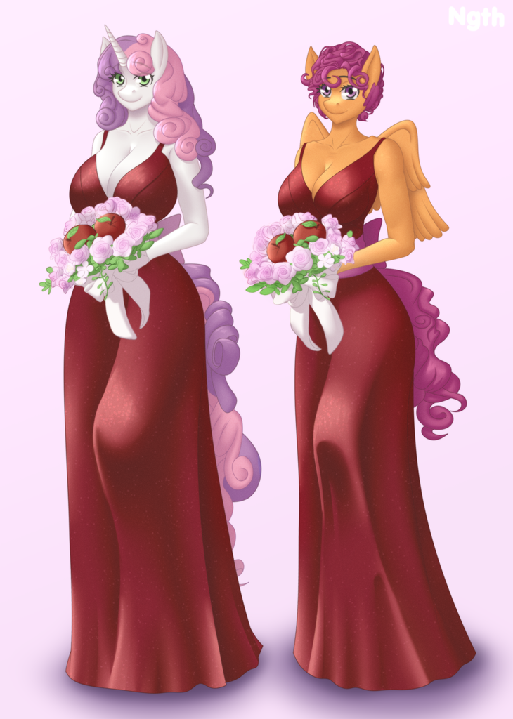 [anthro,apple,big breasts,bouquet,breasts,bridesmaid,bridesmaid dress,cleavage,clothes,dress,duo,ears,female,flower,food,green eyes,horn,looking at you,older,pegasus,safe,scootaloo,skirt,sweetie belle,tail,unicorn,wings,snout,duo female,nostrils,curly hair,pegasus wings,older scootaloo,purple eyes,smiling,long skirt,bare shoulders,absolute cleavage,long horn,older sweetie belle,bouquet of flowers,busty sweetie belle,busty scootaloo,feathered wings,two toned tail,unicorn horn,two toned hair,artist:ngth]