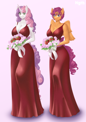 Size: 912x1280 | Tagged: safe, artist:ngth, scootaloo, sweetie belle, pegasus, unicorn, anthro, g4, apple, bare shoulders, big breasts, bouquet, bouquet of flowers, breasts, bridesmaid, bridesmaid dress, busty scootaloo, busty sweetie belle, cleavage, clothes, curly hair, dress, duo, duo female, ears, feathered wings, female, flower, food, green eyes, horn, long horn, long skirt, looking at you, nostrils, older, older scootaloo, older sweetie belle, pegasus wings, purple eyes, skirt, smiling, snout, tail, two toned hair, two toned tail, unicorn horn, wings