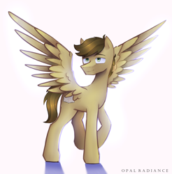 Size: 2800x2840 | Tagged: safe, artist:opal_radiance, oc, oc only, unnamed oc, pegasus, pony, eyebrows, high res, male, pegasus oc, raised hoof, shadow, signature, simple background, smiling, solo, spread wings, stallion, white background, wings