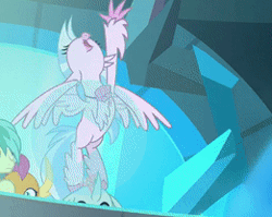 Size: 261x208 | Tagged: safe, screencap, gallus, ocellus, sandbar, silverstream, smolder, changedling, changeling, classical hippogriff, dragon, earth pony, griffon, hippogriff, pony, g4, school raze, season 8, animated, cropped, cute, diaocelles, diastreamies, dragoness, female, flying, gif, looking down, peeking, pointing, raised claw
