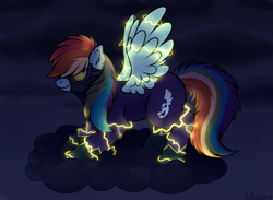 Size: 2791x2048 | Tagged: safe, artist:hollistars, rainbow dash, pegasus, pony, g4, luna eclipsed, my little pony: friendship is magic, clothes, costume, electric dash, electricity, female, high res, lighting, mare, nightmare night costume, shadowbolt dash, shadowbolts costume, shadowbolts uniform, solo, spread wings, stormcloud, wings