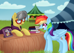 Size: 2598x1866 | Tagged: safe, artist:hollistars, a.k. yearling, daring do, rainbow dash, pegasus, pony, g4, book, duo, fair, female, grass, mare, table, tent