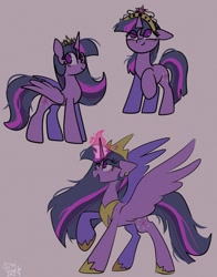 Size: 1074x1368 | Tagged: safe, artist:petaltwinkle, twilight sparkle, alicorn, pony, unicorn, g4, the last problem, age progression, big crown thingy, element of magic, eye clipping through hair, female, floppy ears, glowing, glowing horn, gray background, horn, jewelry, looking up, mare, new crown, no pupils, older, older twilight, older twilight sparkle (alicorn), open mouth, open smile, princess twilight 2.0, progression, regalia, simple background, smiling, solo, spread wings, twilight sparkle (alicorn), unicorn twilight, wings