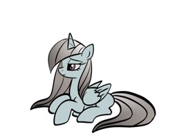 Size: 1024x804 | Tagged: safe, artist:petaltwinkle, oc, oc only, alicorn, crystal pony, pony, alicorn oc, crystal pony oc, female, horn, lying down, mare, prone, sad, simple background, solo, white background, wings