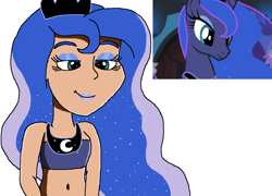 Size: 1084x780 | Tagged: safe, artist:ocean lover, princess luna, human, for whom the sweetie belle toils, g4, season 4, bare midriff, bare shoulders, beautiful, beautiful eyes, beautiful hair, belly, belly button, blue eyeshadow, blue hair, blue lipstick, crown, curvy, ethereal hair, eyelashes, eyeshadow, female, hourglass figure, human coloration, humanized, jewelry, lipstick, looking at someone, makeup, midriff, moderate dark skin, moon, ms paint, pretty, princess of the night, reference used, regalia, scene interpretation, screencap reference, simple background, sleeveless, smiling, solo, sparkles, starry hair, teal eyes, wavy hair, white background