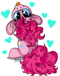 Size: 2754x3458 | Tagged: safe, artist:julunis14, pinkie pie, earth pony, pony, g4, :p, cute, diapinkes, female, heart, high res, looking at you, looking back, looking back at you, mare, signature, simple background, sitting, smiling, solo, tongue out, white background