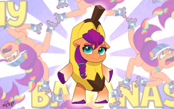 Size: 1720x1080 | Tagged: safe, artist:rivin177, sunny starscout, earth pony, pony, g5, my bananas, my little pony: tell your tale, spoiler:g5, spoiler:my little pony: tell your tale, spoiler:tyts01e21, banana, banana costume, banana suit, bipedal, clothes, coat markings, costume, cute, embarrassed, female, floppy ears, food, food costume, frown, fruit costume, helmet, hooves, mane stripe sunny, mare, meme, open mouth, roller skates, sad, sadorable, skates, socks (coat markings), solo, standing, suit, sunnybetes, unshorn fetlocks, wavy mouth