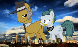 Size: 2048x1233 | Tagged: safe, anonymous editor, artist:timelordomega, edit, cloudy quartz, igneous rock pie, earth pony, pony, g4, atlanta, female, georgia (state), giant pony, giant/macro earth pony, giantess, glasses, hat, highrise ponies, irl, macro, male, mare, mega giant, photo, ponies in real life, stallion, story included