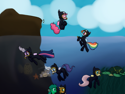 Size: 6400x4800 | Tagged: source needed, safe, artist:larrle, applejack, fluttershy, pinkie pie, rainbow dash, rarity, twilight sparkle, earth pony, pegasus, pony, tortoise, unicorn, equestria daily, g4, absurd resolution, air tank, cute, dive mask, diving, exploring, female, goggles, mane six, mare, ocean, scuba diving, scuba gear, scuba tank, seaweed, swimming, underwater, unicorn twilight, water, wetsuit