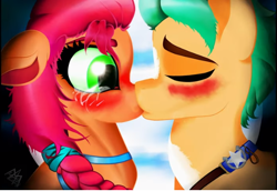 Size: 598x411 | Tagged: safe, artist:lyudmilalastochka, hitch trailblazer, sunny starscout, earth pony, pony, g5, blushing, crying, duo, duo male and female, eyes closed, female, kiss on the lips, kissing, male, mare, sheriff's badge, ship:starblazer, shipping, stallion, straight