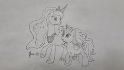 Size: 4032x2268 | Tagged: safe, artist:parclytaxel, princess luna, oc, oc:parcly taxel, alicorn, pony, ain't never had friends like us, albumin flask, parcly taxel in japan, g4, alicorn oc, duo, eye contact, female, horn, hug, lineart, looking at each other, looking at someone, looking down, looking up, mare, monochrome, pencil drawing, raised hoof, smiling, story included, traditional art, winghug, wings