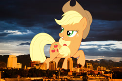 Size: 2048x1365 | Tagged: safe, anonymous editor, artist:spaz-featherbrain, edit, applejack, earth pony, pony, g4, cowboy hat, female, giant pony, giantess, grin, hat, highrise ponies, irl, looking back, macro, mare, photo, ponies in real life, raised hoof, salt lake city, smiling, solo, stetson, utah