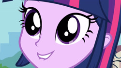 Size: 3072x1727 | Tagged: safe, screencap, twilight sparkle, human, equestria girls, g4, my little pony equestria girls, dilated pupils, female, lip bite, smiling, solo