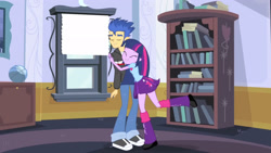 Size: 3072x1727 | Tagged: safe, screencap, flash sentry, twilight sparkle, human, equestria girls, g4, my little pony equestria girls, bookshelf, boots, canterlot high, clothes, cutie mark on clothes, duo, duo male and female, eyes closed, female, hug, jacket, male, shoes, smiling