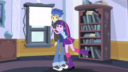 Size: 3072x1727 | Tagged: safe, screencap, flash sentry, twilight sparkle, human, equestria girls, g4, my little pony equestria girls, bookshelf, boots, canterlot high, clothes, cutie mark on clothes, duo, duo male and female, female, frown, hug, jacket, male, shoes, smiling