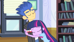 Size: 3072x1727 | Tagged: safe, screencap, flash sentry, twilight sparkle, human, equestria girls, g4, my little pony equestria girls, bookshelf, boots, canterlot high, clothes, cutie mark on clothes, duo, duo male and female, eyes closed, female, frown, hug, jacket, male, shoes, smiling