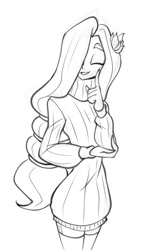 Size: 504x815 | Tagged: safe, artist:bigdad, fluttershy, human, g4, clothes, eyes closed, female, flower, flower in hair, hair over one eye, humanized, looking at you, monochrome, simple background, smiling, smiling at you, socks, solo, stockings, sweater, sweatershy, thigh highs, thigh socks, white background