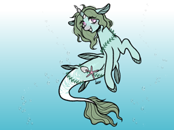 Size: 1600x1200 | Tagged: safe, artist:curryrice, oc, oc only, alicorn, earth pony, hybrid, original species, pegasus, pony, seapony (g4), starfish, unicorn, bubble, chains, commission, crepuscular rays, dorsal fin, fin, fins, fish tail, floppy ears, flowing mane, flowing tail, gills, gradient background, looking at you, ocean, scales, seaponified, seashell, seaweed, signature, smiling, smiling at you, solo, species swap, sunlight, swimming, tail, underwater, water