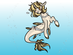 Size: 1600x1200 | Tagged: safe, artist:curryrice, oc, oc only, alicorn, earth pony, hybrid, original species, pegasus, pony, seapony (g4), unicorn, bubble, chains, commission, crepuscular rays, dorsal fin, fin, fins, fish tail, floppy ears, flowing mane, flowing tail, gills, gradient background, horn, jewelry, looking at you, necklace, ocean, pearl necklace, scales, seaponified, seashell necklace, signature, smiling, smiling at you, solo, species swap, sunlight, swimming, tail, underwater, water, ych result