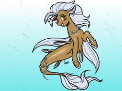 Size: 1600x1200 | Tagged: safe, artist:curryrice, oc, oc only, oc:flowing sands, seapony (g4), bubble, dorsal fin, ear piercing, earring, fin, fish tail, gradient background, jewelry, looking at you, ocean, piercing, solo, swimming, tail, tail jewelry, underwater, water