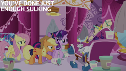 Size: 1920x1080 | Tagged: safe, edit, edited screencap, editor:quoterific, screencap, applejack, fluttershy, opalescence, rarity, starlight glimmer, twilight sparkle, alicorn, cat, earth pony, pegasus, pony, unicorn, g4, it isn't the mane thing about you, my little pony: friendship is magic, carousel boutique, fainting couch, food, ice cream, messy mane, twilight sparkle (alicorn)