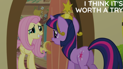 Size: 1920x1080 | Tagged: safe, edit, edited screencap, editor:quoterific, screencap, fluttershy, twilight sparkle, pegasus, pony, unicorn, g4, keep calm and flutter on, big crown thingy, butt, duo, duo female, element of magic, female, fluttershy's cottage, grin, gritted teeth, jewelry, mare, open mouth, plot, regalia, smiling, teeth, twibutt, unicorn twilight