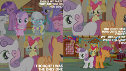 Size: 2000x1125 | Tagged: safe, edit, edited screencap, editor:quoterific, screencap, amethyst star, apple bloom, diamond tiara, orange blossom, prim posy, ruby pinch, scootaloo, silver spoon, sparkler, sweetie belle, tornado bolt, earth pony, pegasus, pony, unicorn, call of the cutie, g4, blank flank, confetti, cutie mark crusaders, female, filly, foal, mare, sugarcube corner