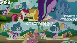Size: 2000x1125 | Tagged: safe, edit, edited screencap, editor:quoterific, screencap, caramel, carrot top, cherry berry, cloud kicker, cloudchaser, golden harvest, lemon hearts, lily, lily valley, meadow song, minty hearts, rainbow stars, roseluck, sassaflash, starlight glimmer, warm front, pony, g4, no second prances, season 6, fountain, reflection, water