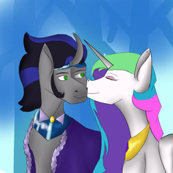Size: 3000x3000 | Tagged: safe, artist:sh4deshad0w41, king sombra, princess celestia, alicorn, pony, unicorn, g4, cheek kiss, curved horn, duo, duo male and female, female, good king sombra, high res, horn, jewelry, kissing, male, regalia, ship:celestibra, shipping, smiling, straight