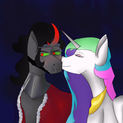 Size: 3000x3000 | Tagged: safe, artist:sh4deshad0w41, king sombra, princess celestia, alicorn, pony, unicorn, g4, blushing, cheek kiss, curved horn, duo, duo male and female, eyes closed, female, high res, horn, jewelry, kissing, male, red eyes, regalia, ship:celestibra, shipping, simple background, smiling, straight
