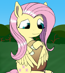 Size: 1700x1900 | Tagged: safe, artist:php176, derpibooru exclusive, fluttershy, pegasus, pony, g4, bush, cute, egg, female, holding something, hug, looking at something, looking down, mare, outdoors, shading, shyabetes, sitting, smiling, solo, spread wings, unshorn fetlocks, winghug, wings