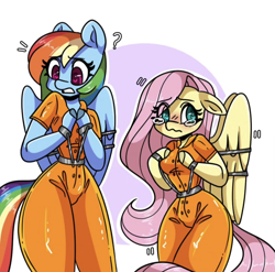 Size: 1080x1067 | Tagged: safe, artist:dub_doodles, fluttershy, rainbow dash, anthro, unguligrade anthro, g4, arm hooves, belt, bound wings, clothes, cuffs, duo, female, jumpsuit, mare, never doubt rainbowdash69's involvement, prison outfit, prisoner, prisoner fs, prisoner rd, simple background, teary eyes, white background, wing cuffs, wings