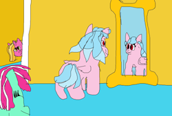 Size: 2464x1664 | Tagged: safe, artist:willtheraven1, cozy glow, luster dawn, minty, earth pony, pegasus, pony, unicorn, g3, g4, a better ending for cozy, alternate hairstyle, looking at a mirror, looking at self, looking at someone, mirror, paradise estate, peaking, spying, willverse