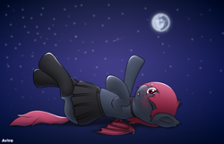 Size: 1679x1083 | Tagged: safe, artist:av1ra, oc, oc:erilbat, bat pony, pony, blue background, clothes, female, lying down, night, on back, simple background, skirt, solo