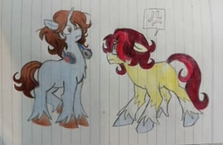 Size: 640x418 | Tagged: safe, artist:kitsuwaa, oc, oc only, earth pony, pony, unicorn, angry, chest fluff, coat markings, duo, headphones, lined paper, ponysona, sketch, socks (coat markings), traditional art, unshorn fetlocks