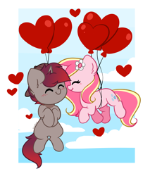 Size: 3426x4016 | Tagged: safe, artist:kittyrosie, oc, oc only, oc:rosa flame, pony, unicorn, balloon, eyes closed, female, heart, heart balloon, male, oc x oc, shipping