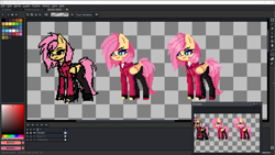 Size: 1920x1080 | Tagged: safe, artist:menalia, fluttershy, pegasus, pony, g4, aseprite, clothes, female, fingerless gloves, gloves, hoodie, looking at something, mare, pants, pixel art, shirt, shoes, sneakers, t-shirt, wings, wip