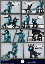 Size: 2560x3654 | Tagged: safe, artist:damlanil, queen chrysalis, changeling, goo, latex pony, original species, comic:new conversion strategy, g4, bdsm, bondage, close-up, clothes, collar, comic, commission, damlanil's lab, duo, encasement, female, flask, high res, horn, laboratory, latex, latex changeling, living latex, male, mask, mind control, restrained, rubber, rubber drone, rubber suit, shiny, shiny mane, show accurate, speech bubble, standing, text, transformation, transformation sequence, vector, wings