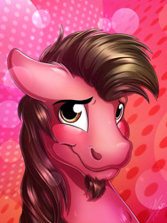 Size: 1920x2560 | Tagged: safe, artist:lupiarts, oc, oc only, oc:ace play, earth pony, pony, abstract background, blushing, commission, facial hair, goatee, looking at you, male, smiling, solo, stallion