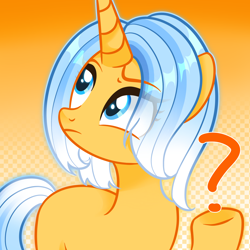 Size: 2048x2048 | Tagged: safe, artist:miwq, derpibooru exclusive, oc, oc:aurore soleilevant, pony, unicorn, confused, high res, orange coat