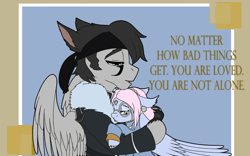 Size: 1920x1200 | Tagged: safe, artist:brainiac, oc, oc:nightingale, oc:swan song, cat, cat pony, original species, pegasus, pony, cute, female, final fantasy, final fantasy xiv, hug, male, mare, sad, stallion